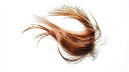 Fototapeta premium Flowing strands of orange-brown hair gracefully suspended in the air against a soft white background, capturing beauty and movement in a dynamic fashion