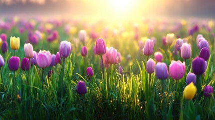 Blooming tulips in a sunlit meadow create a vibrant spring landscape.