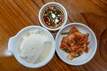 soft tofu, kimch and soy sauce