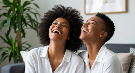Two friends enjoying a joyful moment while laughing together in a cozy living room during daylight