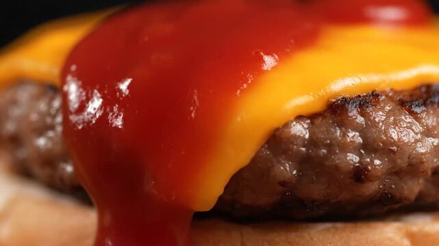 Closeup of a juicy cheeseburger topped with ketchup