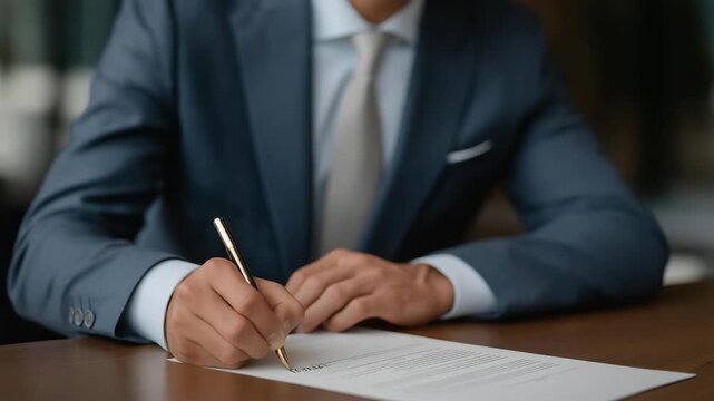 Legal consultant stamping approval on formal agreement in modern law office, expression confident and composed, symbolizing contractual validation, regulatory compliance, and emotional satisfaction