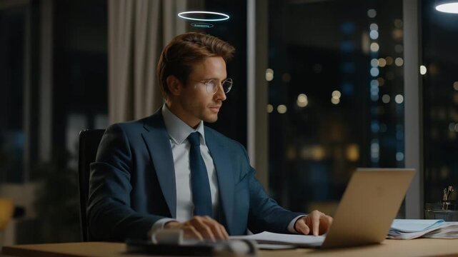 Modern workspace with a holographic digital assistant projected above the desk, guiding a professional user through schedules and data, symbolizing AI interaction, smart productivity, and