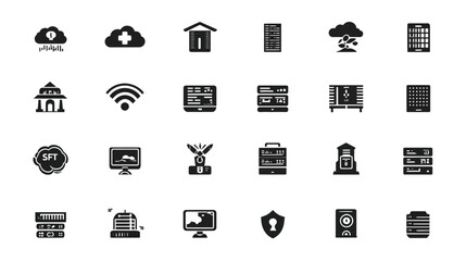 A collection of black and white technology and data related icons.