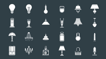 A diverse collection of white silhouette icons representing various lamps and light fixtures.