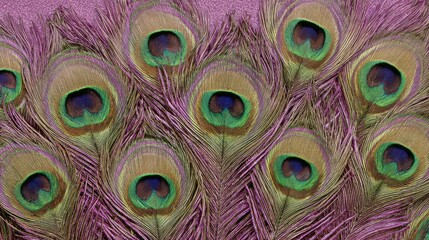 Close-up of iridescent peacock feathers in shades of purple, green, gold, and brown