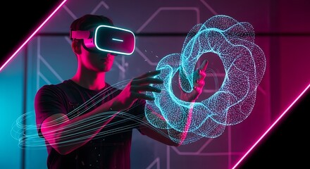 Man wearing VR headset interacting with glowing digital projection in futuristic neon environment