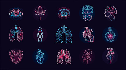 Collection of Human Organs and Body Parts in Neon Outline Style.