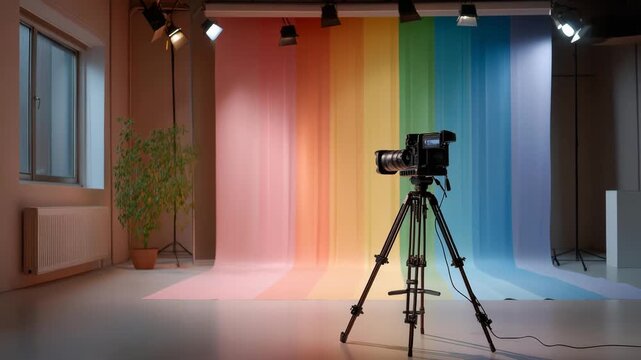 Portrait photography studio setup with a colorful backdrop, spotlight, and camera positioned on a tripod, emotion of artistic expression visible, representing fashion shoots, personal branding, and