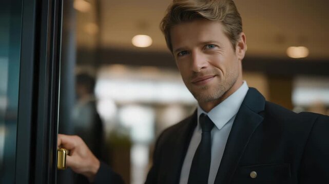 Private security agent performing access check at corporate conference entrance, symbolizing trust, safety assurance, emotional alertness, and professionalism in executive protection. cinematic