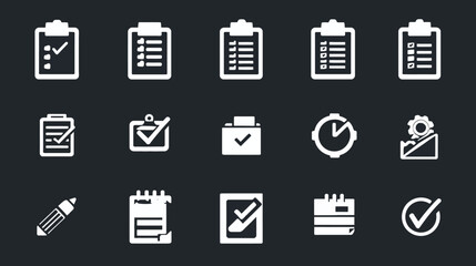 Collection of white vector icons representing various aspects of task management and organization.