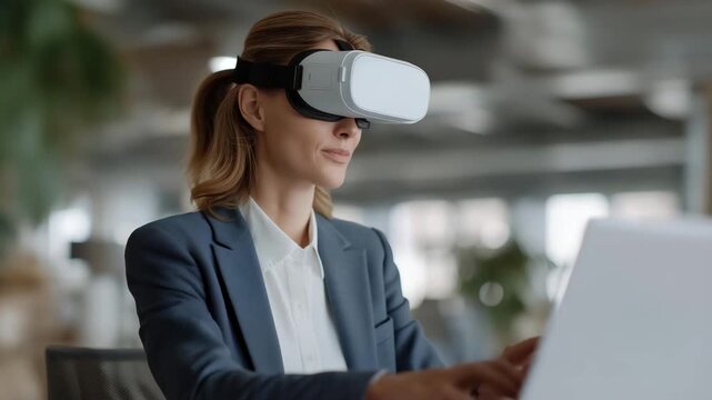 Professional navigating AI-powered virtual workspace on AR interface, displaying concentration and satisfaction, symbolizing futuristic digital collaboration, emotion-driven productivity, and