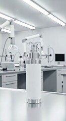 Blank facial spray bottle mockup in a high-tech, clinical lab environment for professional skincare branding