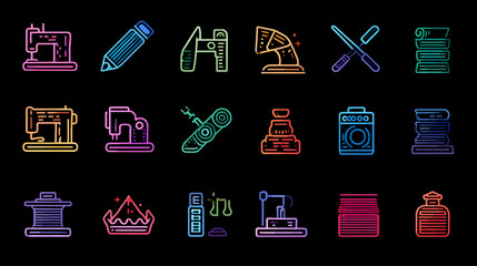 Set of Glowing Neon Icons for Tailoring and Fashion Design.