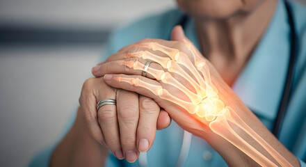 Elderly Person's Hand with Digital X-ray Overlay Showing Wrist Pain and Bones