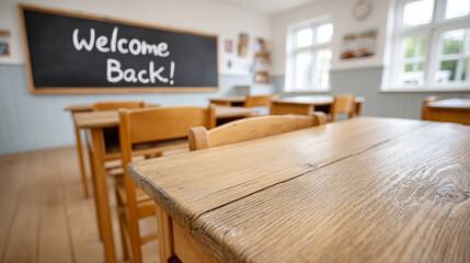 Back to school scene in classroom with welcome back chalkboard for educational design