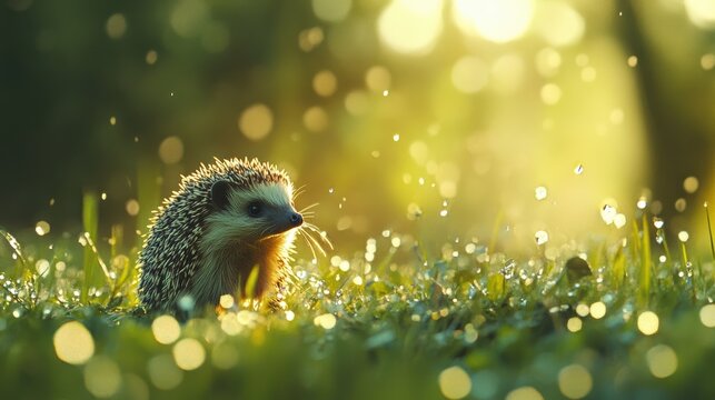 Cute Hedgehog in a Sunlit Meadow Surrounded by Sparkling Dewdrops on Grass with Soft Bokeh Background and Warm Glowing Light