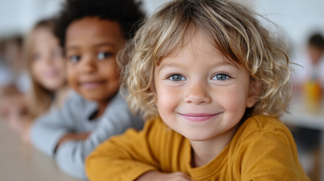 Joyful back to school scene with multicultural children smiling in classroom setting - Powered by Adobe