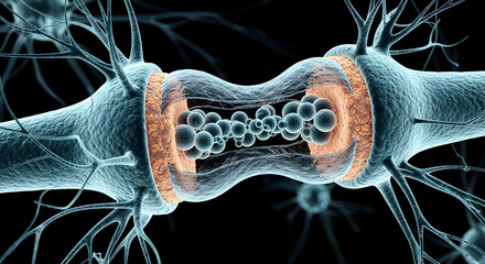 Neurotransmission Synapse 3D Rendering: Brain Cell Communication