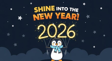 Fototapeta premium Penguin with sparklers wishes a shiny new year 2026 on dark background
