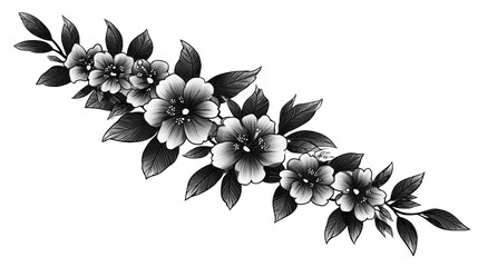 Black and white floral branch with detailed leaves on white background.