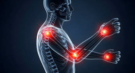 3D Medical Illustration of Human Joint Pain: Shoulder, Elbow, Wrist Anatomy