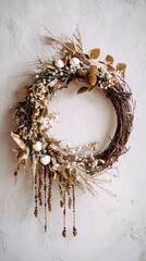 Fototapeta premium Decorative Dried Flower Wreath on a Light Textured Wall Indoors