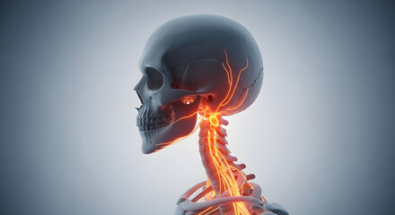 Human Skull and Spinal Nerves 3D Render - Detailed Anatomy of Nervous System with Glowing Pathways