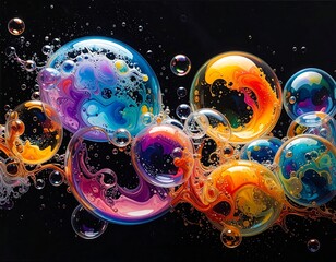 Colorful soap bubbles with swirling paint
