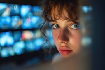 Obraz premium Close-up of a young woman's intense eyes, illuminated by blurry blue screens.