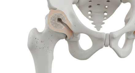Detailed 3D Medical Illustration of Human Hip Joint Anatomy Showing Bone, Cartilage, and Pelvis Structure with Cross-Section