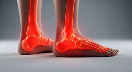 Human Feet Anatomy with Glowing Red Bones: Medical Illustration of Ankle and Foot Skeletal Structure