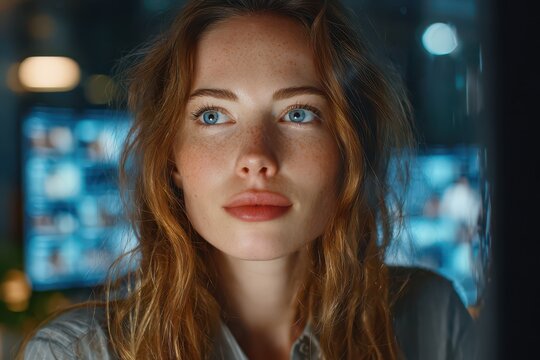 Focused woman with blue eyes and freckles in a modern digital workspace.