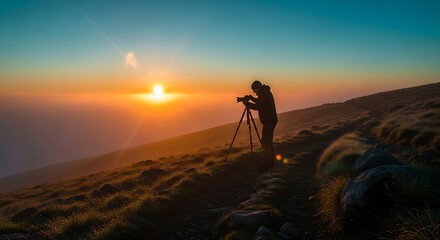 Photographer captures breathtaking sunset from mountain peak, embracing solitude and nature's beauty.