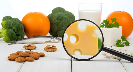 Healthy Food Ingredients Display with Magnifying Glass on Cheese