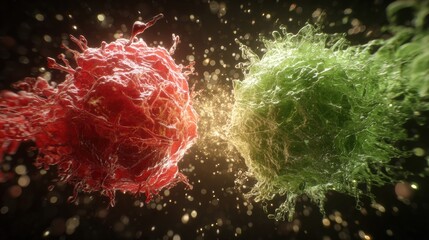 Vibrant red and green cells collide in a detailed, dynamic scene showcasing the complexity of cellular interaction under a microscope.
