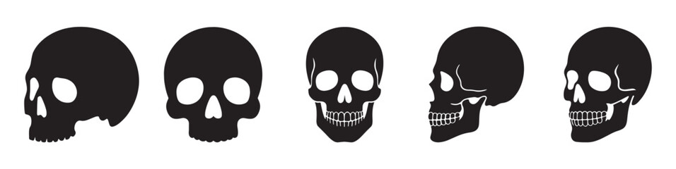 set of human skull black silhouettes in front and side views isolated on white background representing anatomy gothic tattoo and halloween design elements perfect for dark art and spooky vector concep