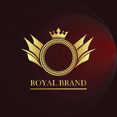 Vector art of elegant golden royal brand logo with crown and wings on a dark red background