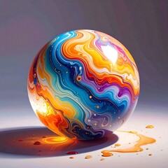 Colorful sphere with swirling patterns, slightly tilted, sits on a light surface with drips
