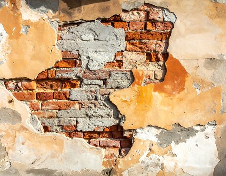 Close-up of aged, damaged plaster revealing a brick wall beneath. Texture detail of weathered surfaces. Sunlight