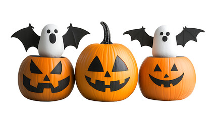 Three jack-o'-lanterns decorate for Halloween