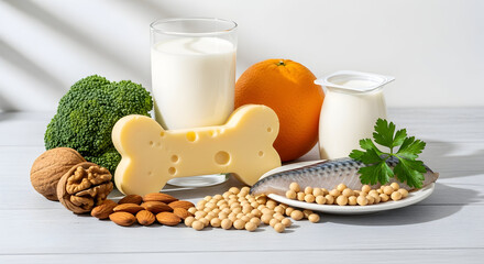 Essential Nutrients for Bone Health: Collection of Calcium, Vitamin D, and Protein Rich Foods for a Balanced Diet