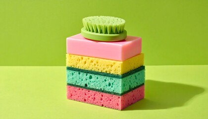 Colorful sponges stacked with brush