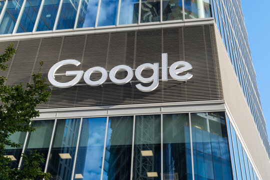 Warsaw, Poland - September 12, 2025: Google logo on office building wall