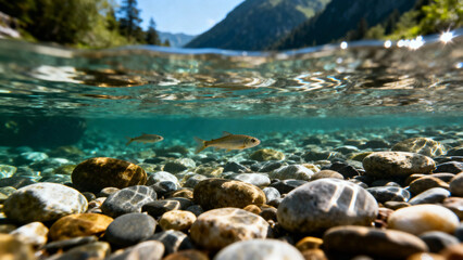 Underwater view of clear mountain lake with pebbles and fish swimming near the surface