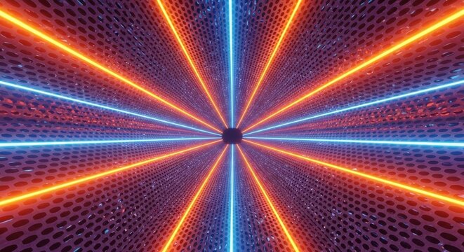Colorful neon lights create a dynamic tunnel effect in a futuristic digital environment