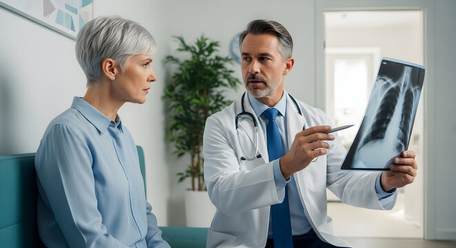 Doctor Explaining Chest X-Ray to Senior Female Patient in Medical Office