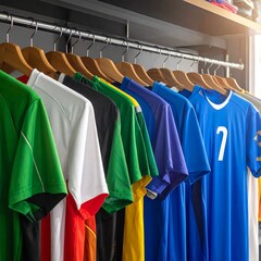 Colorful sports jerseys on wooden hangers in a closet