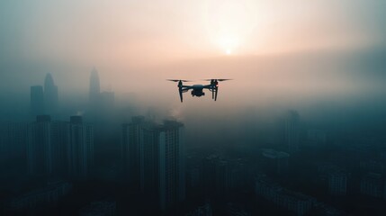 Fototapeta premium Drone flies over a city skyline at dawn amidst fog and low visibility