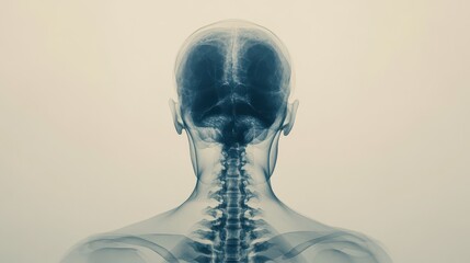 Human skull and spine x-ray showing detailed skeletal structure and alignment from a posterior view